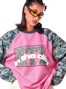 SUMWON WOMEN Oversized Raglan Long Sleeve Top With Camouflage Contrast Sleeves And City Graphic Print Colorblock Design - Pink - View 4