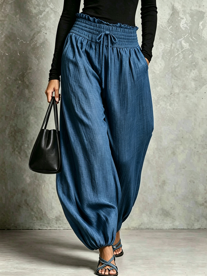 SHEIN Women Textured Harem Pants, Ruffle Elastic High Waist Drawstring Joggers, Loose Casual Cuffed Ankle Trousers With Side Pockets For Daily Vacation Wear