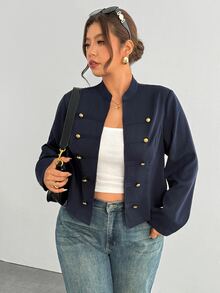 Firerie Plus Size Women's Solid Color Long Sleeve Button Design Napoleon Jacket Elegant Office Business Teacher Work Jacket For Women Fall/Winter Formal Wear - Blue - View 4