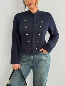 Firerie Plus Size Women's Solid Color Long Sleeve Button Design Napoleon Jacket Elegant Office Business Teacher Work Jacket For Women Fall/Winter Formal Wear - Blue - View 1