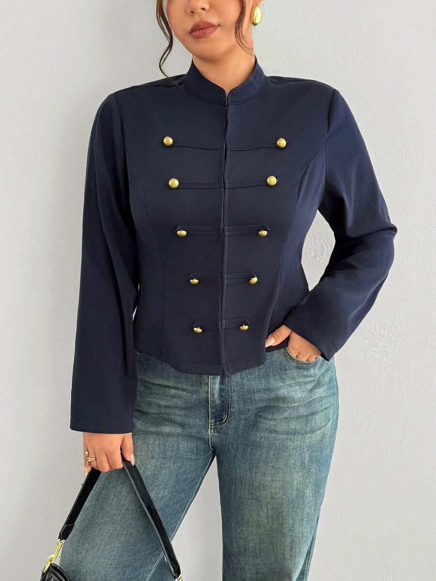 Firerie Plus Size Women's Solid Color Long Sleeve Button Design Napoleon Jacket Elegant Office Business Teacher Work Jacket For Women Fall/Winter Formal Wear - Blue - View 1