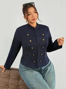 Firerie Plus Size Women's Solid Color Long Sleeve Button Design Napoleon Jacket Elegant Office Business Teacher Work Jacket For Women Fall/Winter Formal Wear - Blue - View 3