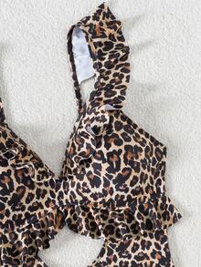 Swim Basics 2026 Spring/Summer New Leopard Print Random Floral Adjustable Spaghetti Strap V-Neck Ruffled Trim One-Piece Bikini Swimsuit - Multicolor - View 4