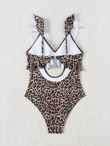 Swim Basics 2026 Spring/Summer New Leopard Print Random Floral Adjustable Spaghetti Strap V-Neck Ruffled Trim One-Piece Bikini Swimsuit - Multicolor - View 5