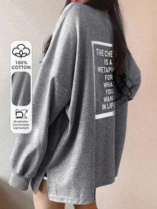 DAZY Women's Slogan Printed Round Neck Long Sleeve T-Shirt, Suitable For Spring THE CHE IS A METAPH FOR WHAT YOU WANT IN LIFE,Fall Clothes Graphic Tee - Grey - View 1