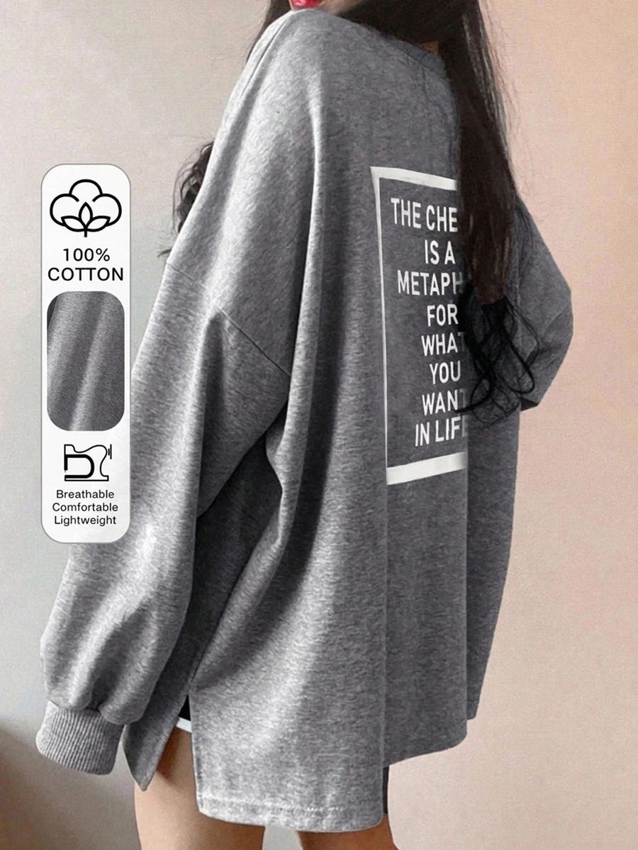 DAZY Women's Slogan Printed Round Neck Long Sleeve T-Shirt, Suitable For Spring THE CHE IS A METAPH FOR WHAT YOU WANT IN LIFE,Fall Clothes Graphic Tee - Grey - View 1