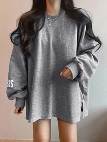 DAZY Women's Slogan Printed Round Neck Long Sleeve T-Shirt, Suitable For Spring THE CHE IS A METAPH FOR WHAT YOU WANT IN LIFE,Fall Clothes Graphic Tee - Grey - View 2