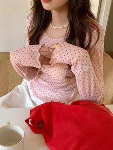 DAZY 女款波點透視長袖圓領內搭衫，春夏可愛上衣 - 粉色 - 查看 6