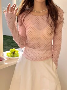 DAZY 女款波點透視長袖圓領內搭衫，春夏可愛上衣 - 粉色 - 查看 7
