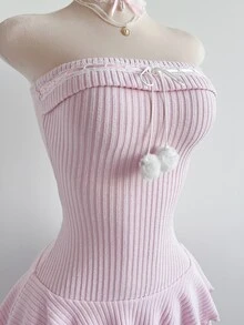 Elamini Blush Pink,Summer,Elegant,Tea Party,Knitted Layered Ruffle Hem Mini Dress,Pom Pom Decor Cropped Waist,Feminine,Vintage,Suitable For Dates,Spring - Pink - View 8