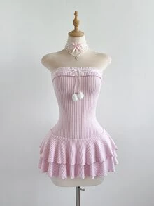 Elamini Blush Pink,Summer,Elegant,Tea Party,Knitted Layered Ruffle Hem Mini Dress,Pom Pom Decor Cropped Waist,Feminine,Vintage,Suitable For Dates,Spring - Pink - View 4