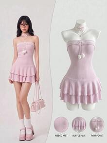 Elamini Blush Pink,Summer,Elegant,Tea Party,Knitted Layered Ruffle Hem Mini Dress,Pom Pom Decor Cropped Waist,Feminine,Vintage,Suitable For Dates,Spring - Pink - View 1
