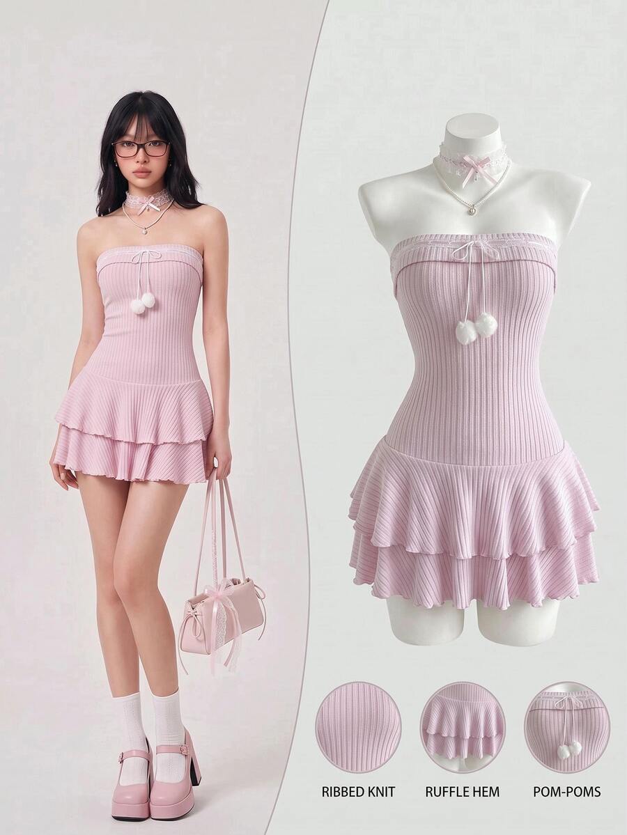 Elamini Blush Pink,Summer,Elegant,Tea Party,Knitted Layered Ruffle Hem Mini Dress,Pom Pom Decor Cropped Waist,Feminine,Vintage,Suitable For Dates,Spring - Pink - View 1