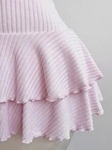 Elamini Blush Pink,Summer,Elegant,Tea Party,Knitted Layered Ruffle Hem Mini Dress,Pom Pom Decor Cropped Waist,Feminine,Vintage,Suitable For Dates,Spring - Pink - View 5