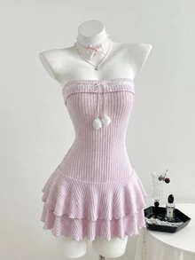 Elamini Blush Pink,Summer,Elegant,Tea Party,Knitted Layered Ruffle Hem Mini Dress,Pom Pom Decor Cropped Waist,Feminine,Vintage,Suitable For Dates,Spring - Pink - View 3