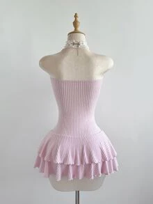 Elamini Blush Pink,Summer,Elegant,Tea Party,Knitted Layered Ruffle Hem Mini Dress,Pom Pom Decor Cropped Waist,Feminine,Vintage,Suitable For Dates,Spring - Pink - View 2