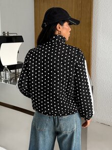 SHEIN EZwear 女款街頭風波點與條紋印花拼色口袋薄款夾克 - 黑色 - 查看 2