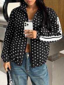 SHEIN EZwear 女款街頭風波點與條紋印花拼色口袋薄款夾克 - 黑色 - 查看 5