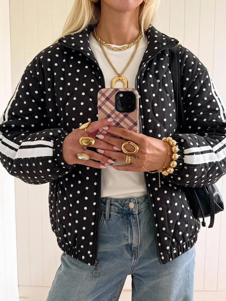 SHEIN EZwear Women's Streetwear Polka Dot & Striped Print Colorblock Pocket Thin Jacket - Black - View 1