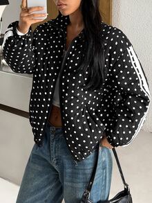 SHEIN EZwear 女款街頭風波點與條紋印花拼色口袋薄款夾克 - 黑色 - 查看 9