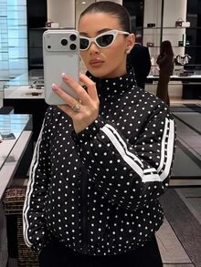 SHEIN EZwear 女款街頭風波點與條紋印花拼色口袋薄款夾克 - 黑色 - 查看 8
