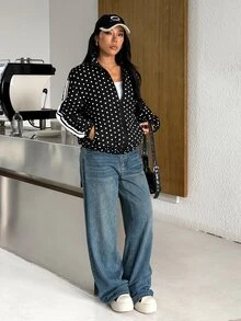 SHEIN EZwear 女款街頭風波點與條紋印花拼色口袋薄款夾克 - 黑色 - 查看 4