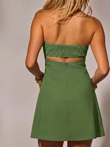 Aralina 女款綠色夏季可愛度假波西米亞風刺繡抹胸迷你洋裝，露背休閒春季洋裝，適合鄉村音樂會穿搭 - 墨綠色 - 查看 2
