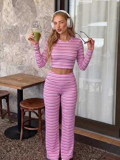 FavEase Calça Longa Esportiva com Estampa Listrada Feminina