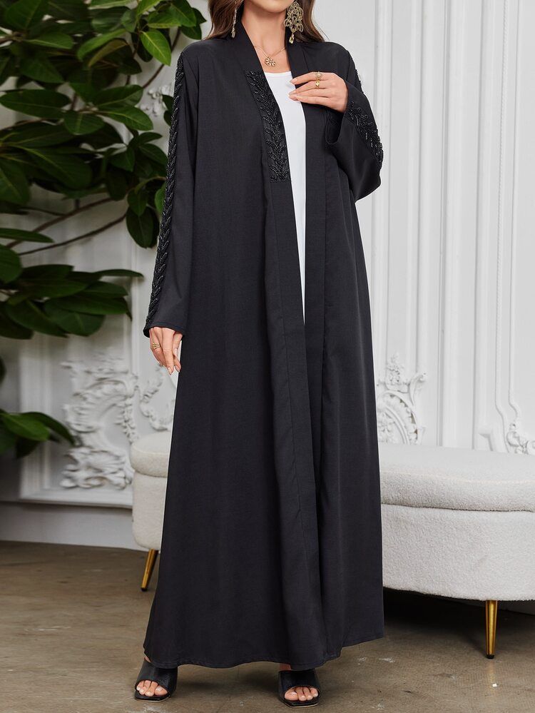 Al Najma Abaya de manga larga holgada con decoración de rhinestones en unicolor, nueva para primavera y verano 2025, modesto vestido para mujer - Negro - Añade 4