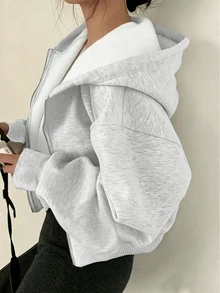 SHEIN 青少年女孩秋季灰色拉鍊連帽外套 寬肩長袖 寬鬆休閒街頭風 鬆垮版刷毛內裡 基礎款 適合郵輪健身度假 - 淺灰色 - 查看 1