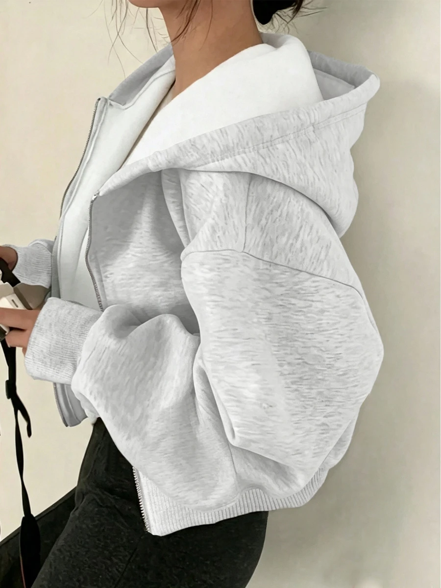 SHEIN 青少年女孩秋季灰色拉鍊連帽外套 寬肩長袖 寬鬆休閒街頭風 鬆垮版刷毛內裡 基礎款 適合郵輪健身度假 - 淺灰色 - 查看 1