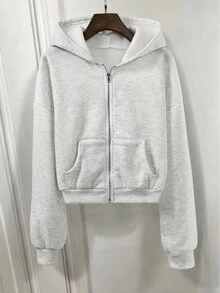 SHEIN 青少年女孩秋季灰色拉鍊連帽外套 寬肩長袖 寬鬆休閒街頭風 鬆垮版刷毛內裡 基礎款 適合郵輪健身度假 - 淺灰色 - 查看 3