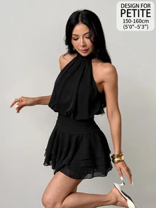 SHEIN PETITE 女款白色綁帶荷葉邊層次迷你洋裝，白色洋裝，生日洋裝，婚禮季洋裝，返校洋裝，春夏，女士夏季洋裝 - 黑色 - 查看 8
