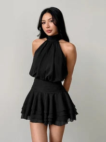 SHEIN PETITE 女款白色綁帶荷葉邊層次迷你洋裝，白色洋裝，生日洋裝，婚禮季洋裝，返校洋裝，春夏，女士夏季洋裝 - 黑色 - 查看 4