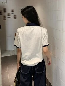 DAZY 春夏深色紋理拼接撞色通勤優雅甜美女款T恤可愛上衣 - 灰色 - 查看 5