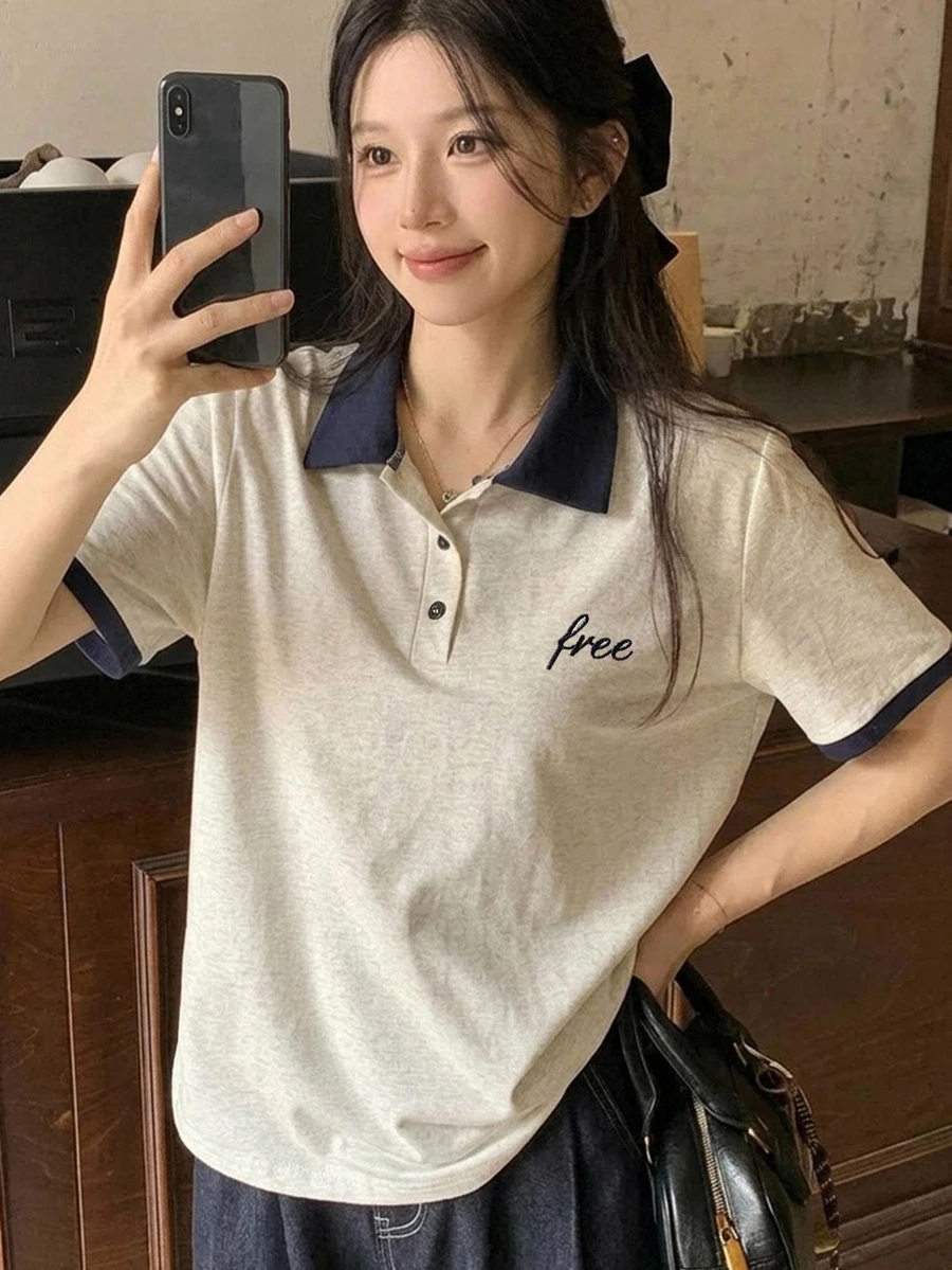 DAZY 春夏深色紋理拼接撞色通勤優雅甜美女款T恤可愛上衣 - 灰色 - 查看 1