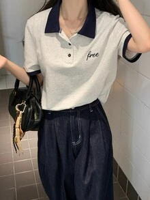 DAZY 春夏深色紋理拼接撞色通勤優雅甜美女款T恤可愛上衣 - 灰色 - 查看 6