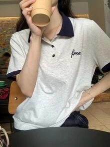 DAZY 春夏深色紋理拼接撞色通勤優雅甜美女款T恤可愛上衣 - 灰色 - 查看 2