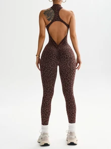 Slayform Slayform 1pc Women's Seamless Leopard Print Yoga Jumpsuit,Front Zipper Stand Collar Racerback Backless Brown Summer Gym Workout Activewear Bodycon Suit - Coffee Brown - View 5