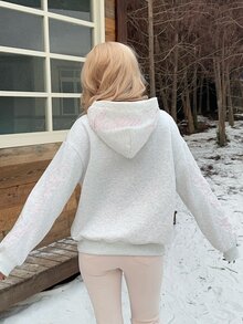 CovetEZ 女款純色蕾絲拼接字母刺繡袋鼠口袋休閒可愛寬鬆長袖運動衫，日常校園穿搭，灰色，秋季 - 灰色 - 查看 6