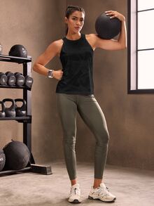 Powerista Camiseta de tirantes deportiva con estampado de camuflaje para mujer; Adecuada para trotar y hacer ejercicio - Negro - Ver 7