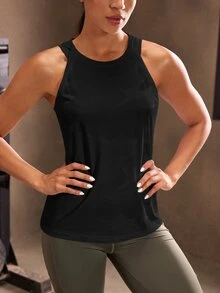 Powerista Camiseta de tirantes deportiva con estampado de camuflaje para mujer; Adecuada para trotar y hacer ejercicio - Negro - Ver 4