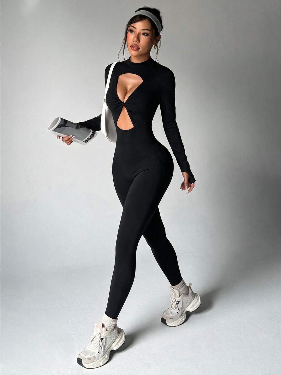 Slayform Slayform 女款無縫小高領交叉鏤空後背拉鍊黑色秋季性感運動風健身瑜伽運動舞蹈長袖拇指孔連身衣