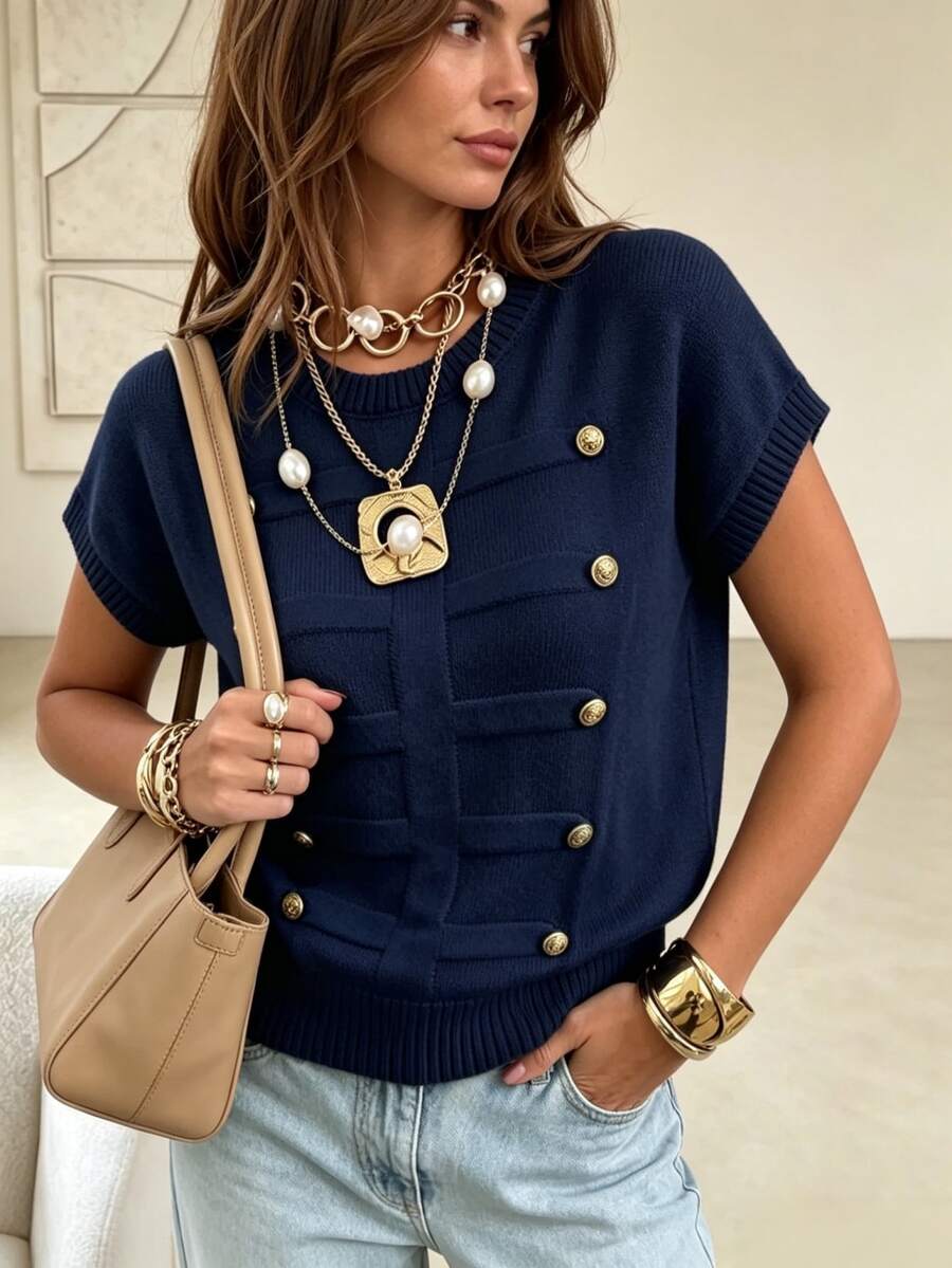 Aidyla كنزة صوفية أنيقة بتصميم أزرار معدنية بلون موحد وياقة دائرية، موضة متعددة الاستخدامات بتصميم بسيط فضفاض مع أكتاف منسدلة وقصة قصيرة محبوكة - أزرق غامق - مشاهدة 1