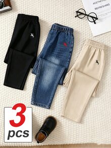 3pcs/Set Young Boy Elastic Waist Loose Straight Leg Denim Jeans, Casual Comfortable Workwear Long Pants For Young Boy - Multicolor - View 8
