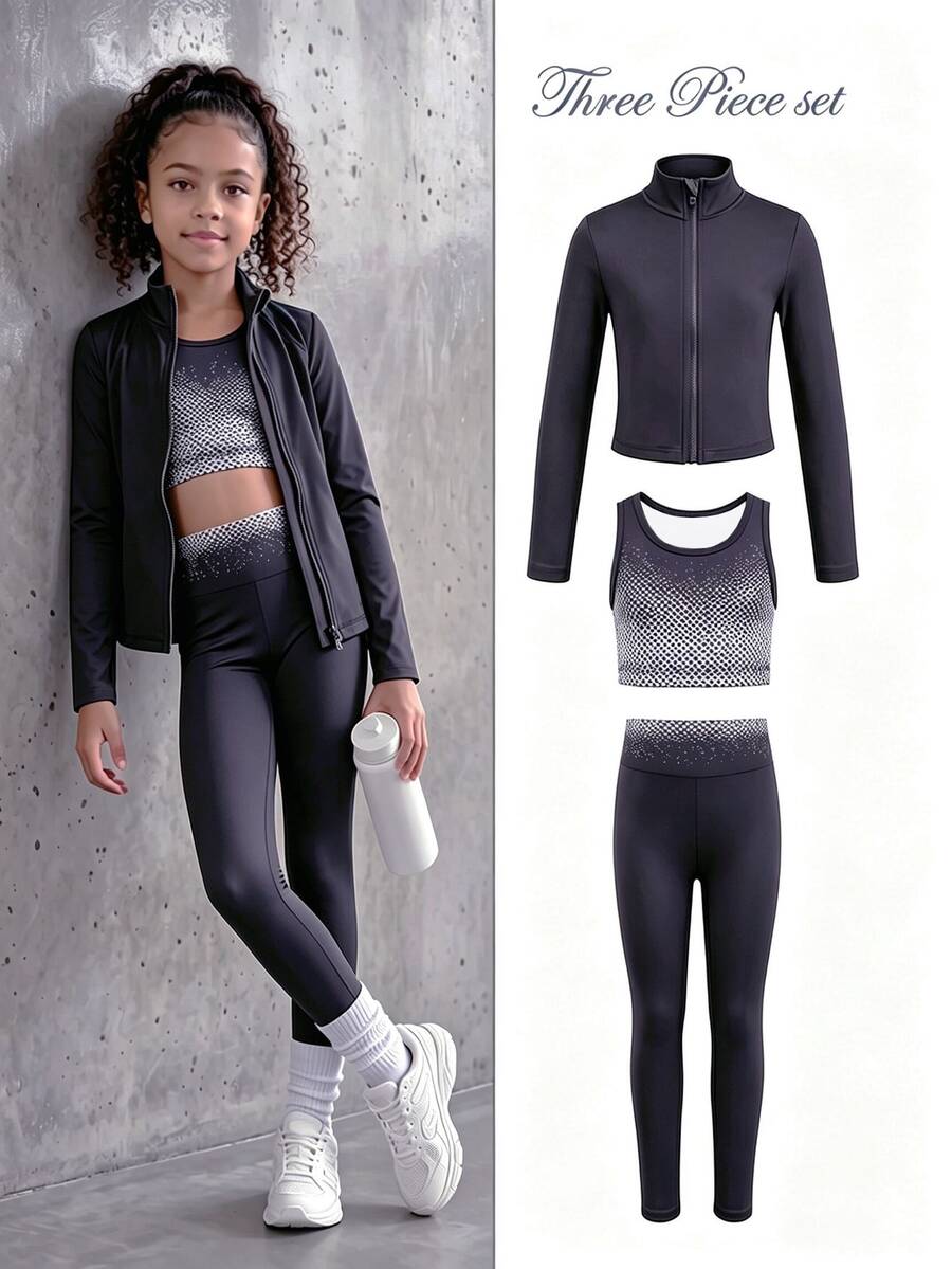 SHEIN 少女拉鍊連帽拇指孔運動套裝泳裝 秋季 白色黑色 牛仔女郎風