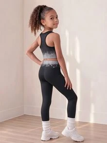 SHEIN 少女拉鍊連帽拇指孔運動套裝泳裝 秋季 白色黑色 牛仔女郎風 - 黑色 - 查看 5