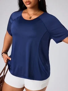 Rhythm Era Kaos Olahraga Wanita Ukuran Besar Warna Polos Leher Bulat Lengan Pendek Raglan - Navy Blue - View 8