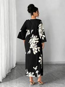 Elenzga 大码女士优雅通勤简约日常约会派对性感宴会开衩袖口修身杏色底黑色印花长裙 - 黑與白 - 查看 2