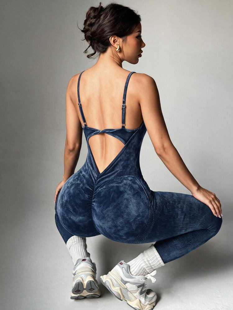 Slayform Slayform 1pc Women's Matte Wash Scoop Neck Twist Front Jumpsuit Catsuit Seamless Workout Jumpsuit Workout Jumpsuit Gym Jumpsuit One Piece Workout Jumpsuit - Navy Blue - View 1